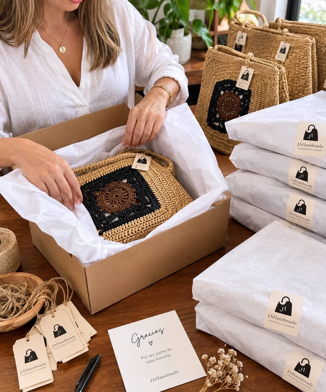 Empaque de regalo de JAhandmade: caja con papel de seda y tarjeta de agradecimiento.